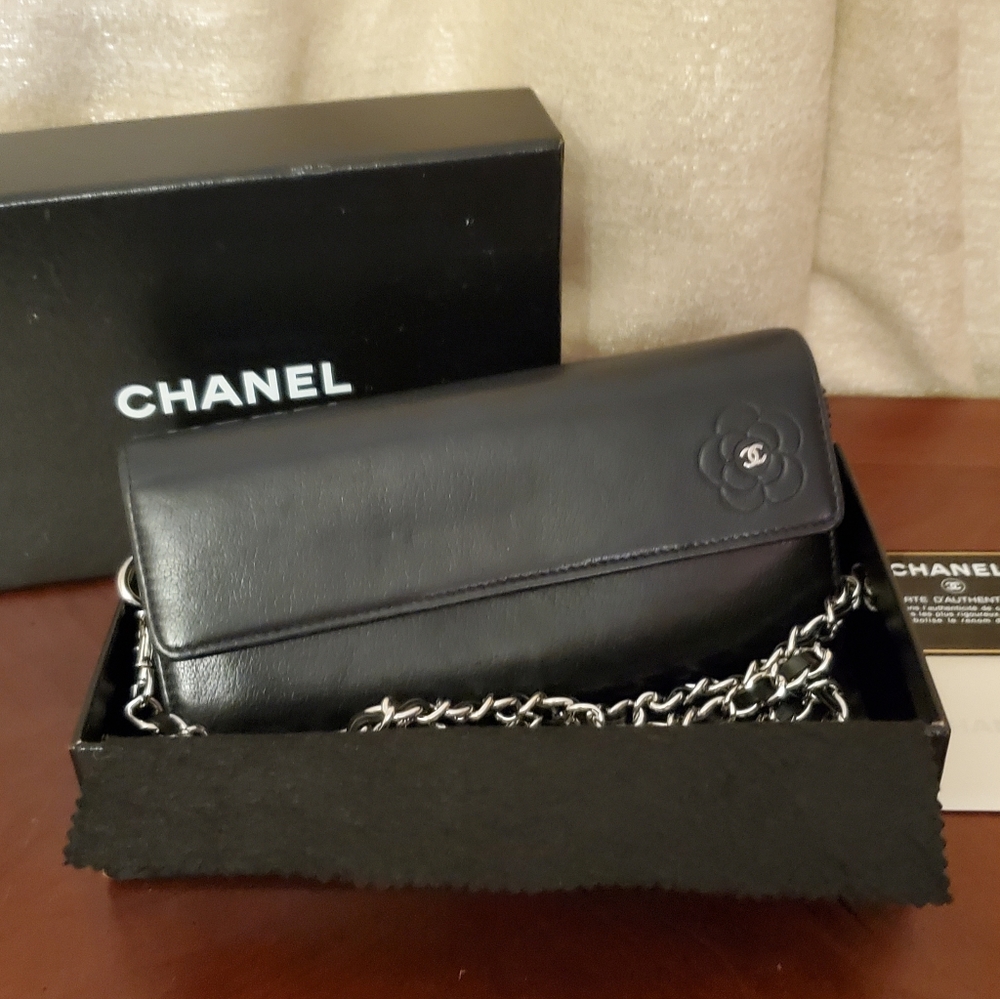 Chanel Black Leather Camellia Wallet on Chain